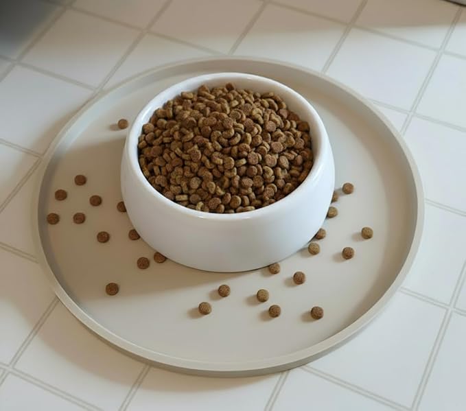 Arespark Dog Food Mat, Nonslip Waterproof Dog Silicone Feeding Bowl Mat with Raised Edges for Floors Prevent Spills, Round Eating Plate Puppy Supplies 10inch (Off White, 2 Pack)