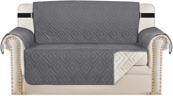 H.VERSAILTEX Reversible Loveseat Cover Furniture Protector Anti-Slip Water Resistant 2" Elastic Straps Couch Covers Pets Kids Fit Sitting Width Up to 54"(Oversized Loveseat: 75" x 98", Gray/Beige)