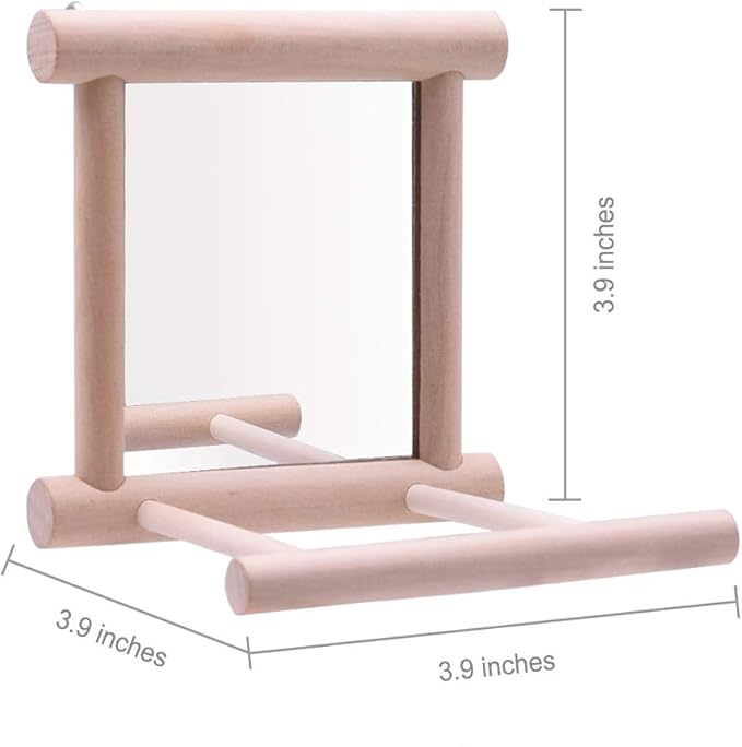 HANZE Bird Mirror With Swing, Hummingbird Perches for Parrots Stand, Wooden Toy for Macaws, Lovebird, Cockatoo, Parakeet, Conure, Finch, Cockatiels - 4 Pack