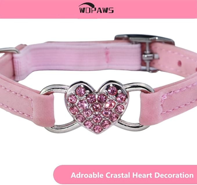 Heart Bling Cat Collar with Safety Belt and Bell Adjustable 8-10 inches for Kitten Cats (Black+Pink)