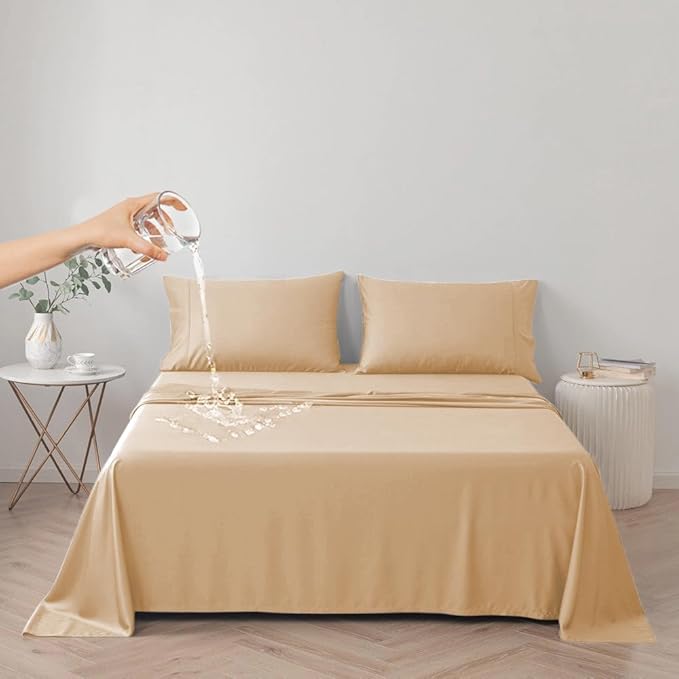 DUJUIKE Waterproof Bed Cover for Dog and Cats,Pet Hair Resistant Bed Sheet Cover, Protective Bed Liner Cover with 100% Waterproof Breathable Thin Fabric (Apricot Yellow, Super King 90 * 118 inch)