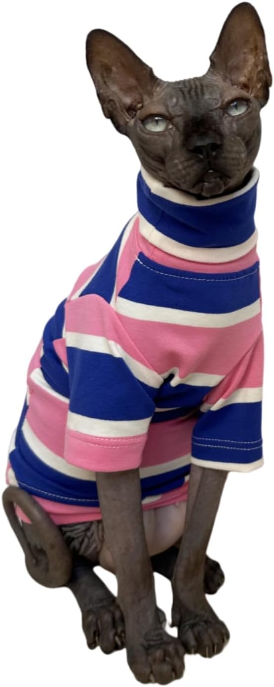 Vintage Stripes Sphynx Hairless Cats Shirt Cotton Cat Turtleneck Pet Clothes Kitten T-Shirts with Sleeves for Sphynx Cats (Wide Pink Blue Stripe, XX-Large)