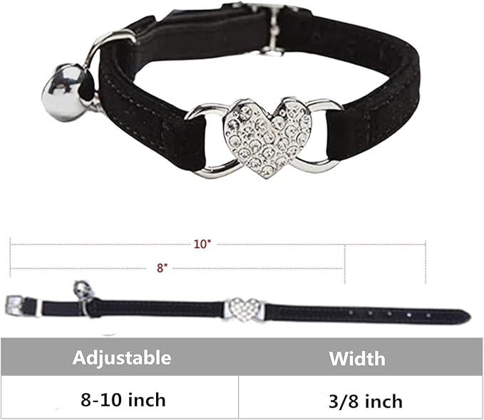 Heart Bling Cat Collar with Safety Belt and Bell Adjustable 8-10 inches for Kitten Cats (Black)