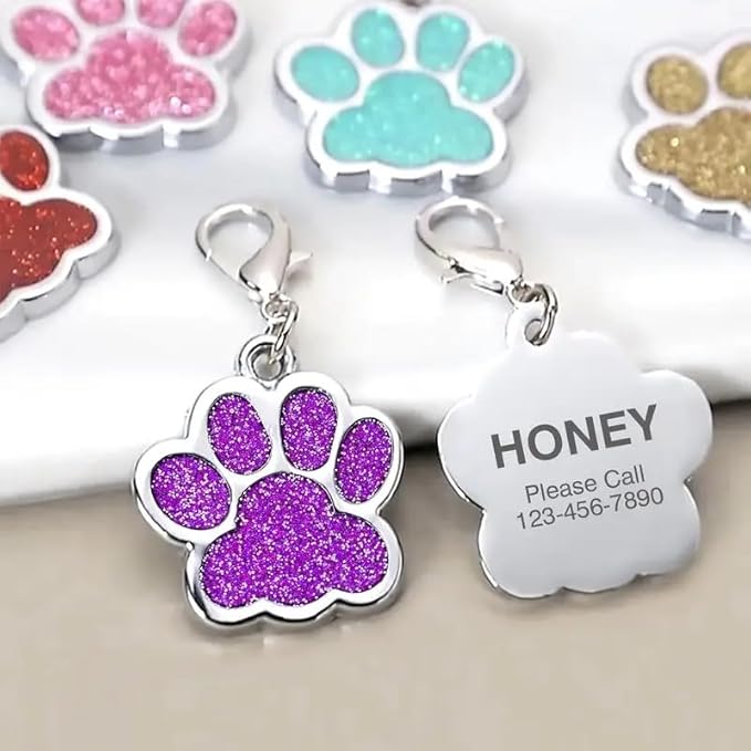 Cute Personalized Pet Name Tags for Cats/Dogs - Glitter Custom pet id tag, Dog id Tags Engraved for Pets, Customizable cat tag, pet Collar Charms, Dog Name tag (Paw-Shaped-Small: Pink)