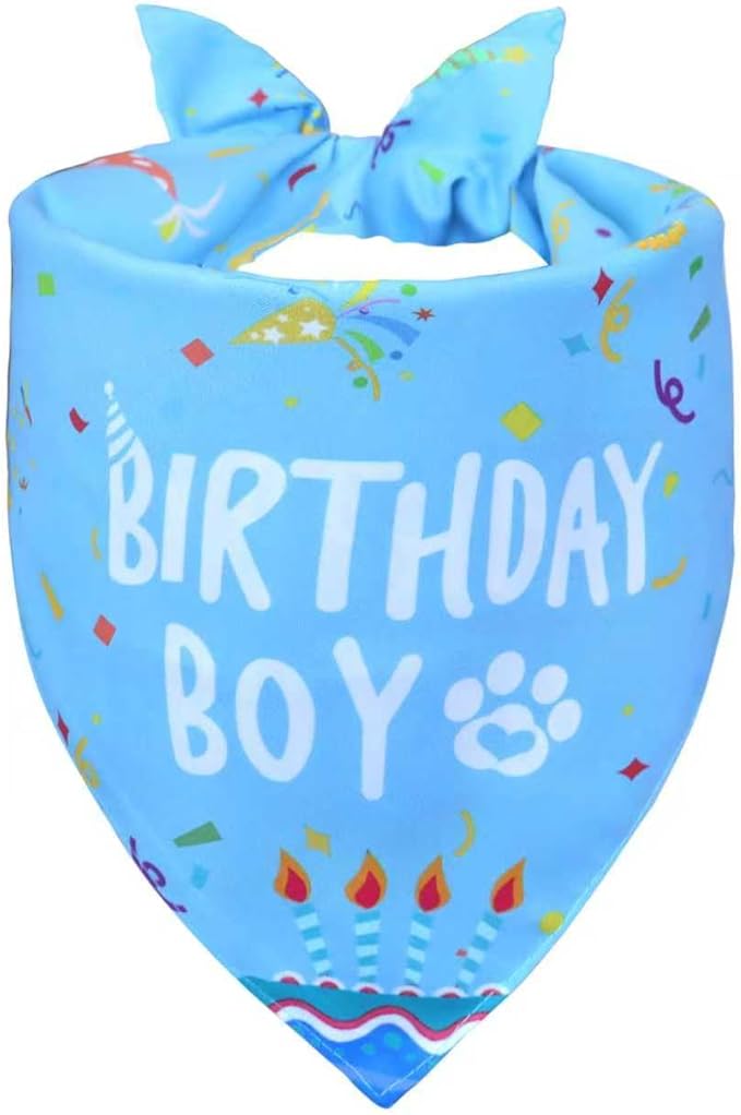 Dog Birthday Bandana Boy for Small Dogs, Reversible 2 Patterns in 1, Blue Confetti Scarf, Happy Birthday Party Outfit Puppy Gift (9-14" Neck)