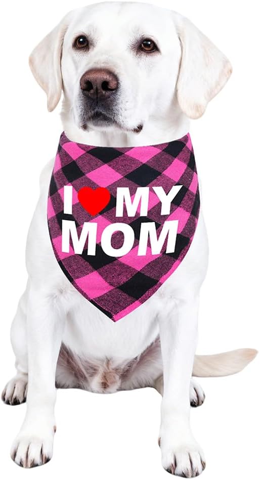 GreenJoy Cute Plaid Dog Bandana – Washable Pet Triangle Scarf for Small, Medium, Large Dogs and Cats, Adjustable Pet Accessory for Birthday, Wedding and Christmas (Pink (Mom), Small)
