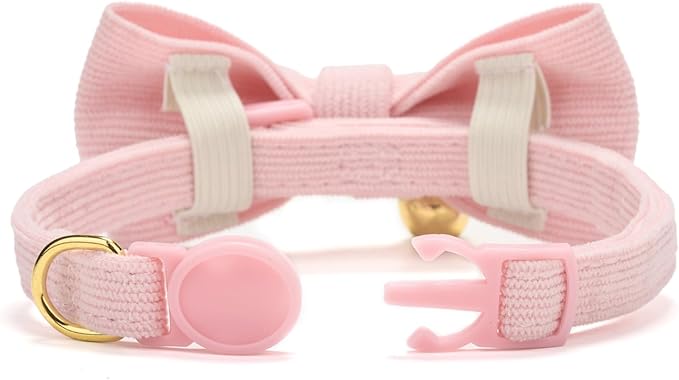 2 Pack Soft Corduroy Cat Collars with Bow Tie & Bell Adjustable Breakaway Bowtie Kitten Collar for Girl Boy Kittens(Pink & Grass Green)
