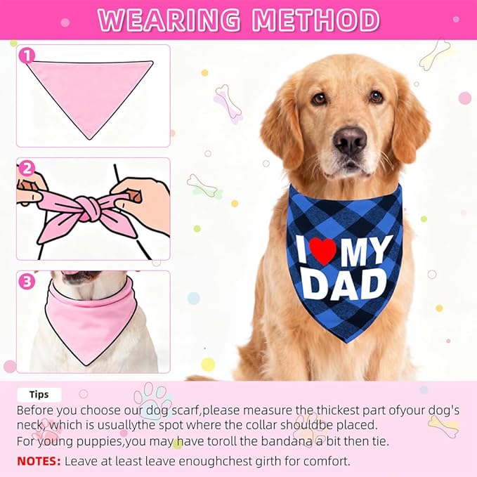 GreenJoy Cute Plaid Dog Bandana – Washable Pet Triangle Scarf for Small, Medium, Large Dogs and Cats, Adjustable Pet Accessory for Birthday, Wedding and Christmas (Blue (I Love My Dad), Medium)