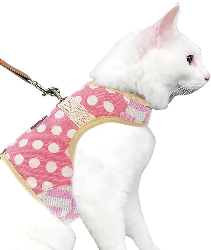 Cat Harness and Leash for Walking Escape Proof, Adjustable Cat Vest Harness, Padded Stylish Cat Walking Jackets, Polka Dot Pink, XX-Large