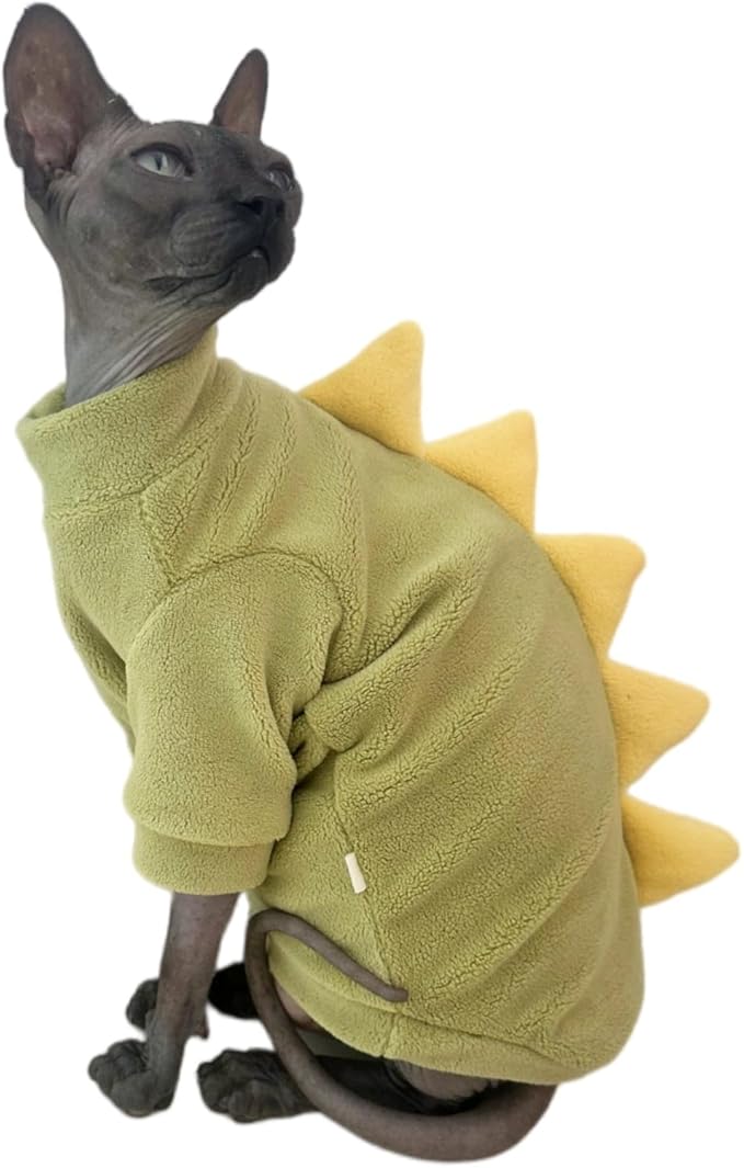 Dinosaur Sphynx Cat Clothes, Soft Polar Fleece Sweater for Cat, Elastic Pet Clothes Thick Winter Warm Outfit for Hairless Cat, Devon, Cornish, Small Dogs Apparel with Sleeves (Green, Small)