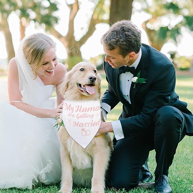 SZEE Bridal Shower Gifts for Bride, 2 Pack My Humans are Getting Married Dog Bandanas, Wedding or Engagement Gift for Couples, Dog Wedding Bandanas, Engagement Party Decorations (Pink & White, XL)