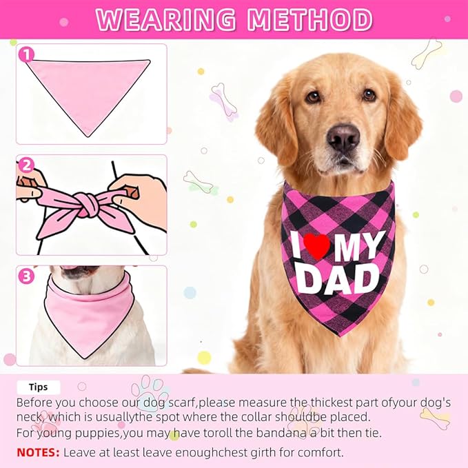 GreenJoy Cute Plaid Dog Bandana – Washable Pet Triangle Scarf for Small, Medium, Large Dogs and Cats, Adjustable Pet Accessory for Birthday, Wedding and Christmas (Pink (I Love My Dad), Large)