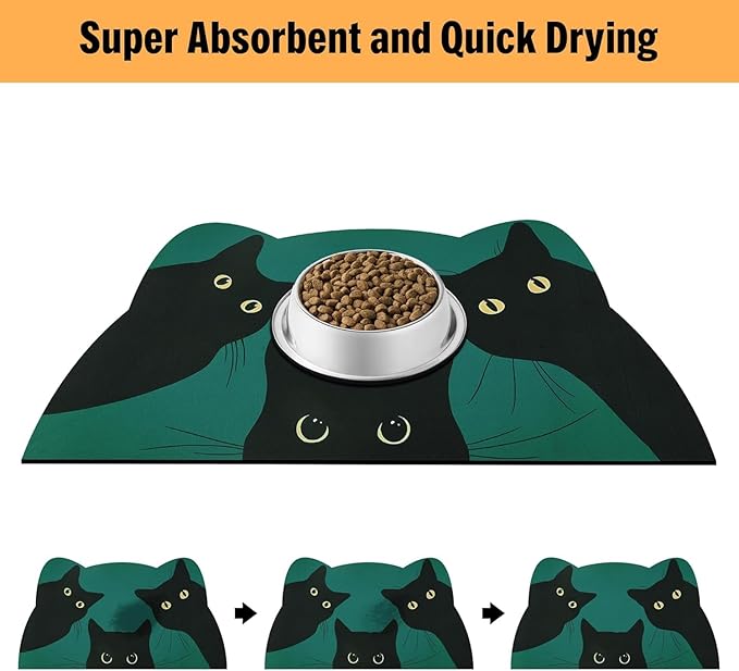 Cat Food Mat - Pet Feeding Mat for Floor, Non-Slip, Waterproof, Super Absorbent, Easy to Clean, Blue, Cat, Dog 15.9''x23.8''
