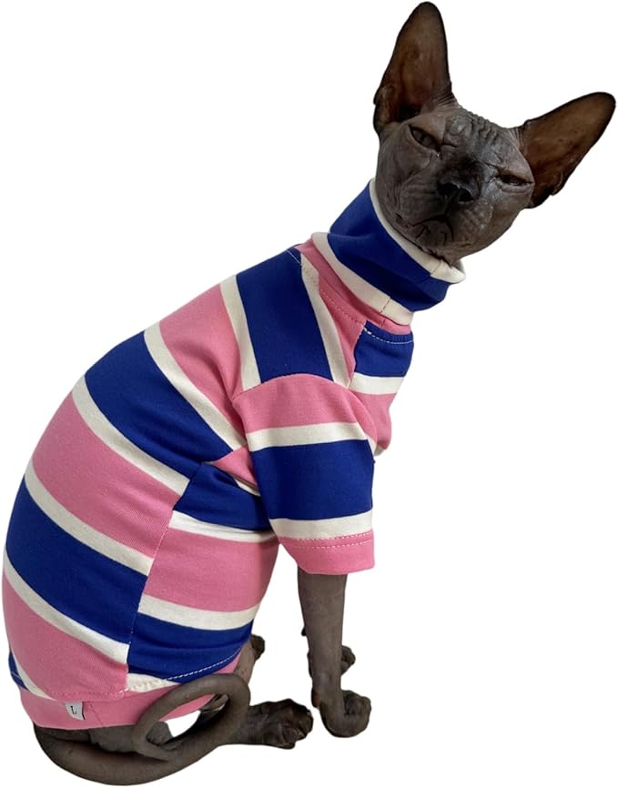 Vintage Stripes Sphynx Hairless Cats Shirt Cotton Cat Turtleneck Pet Clothes Kitten T-Shirts with Sleeves for Sphynx Cats (Wide Pink Blue Stripe, Medium)