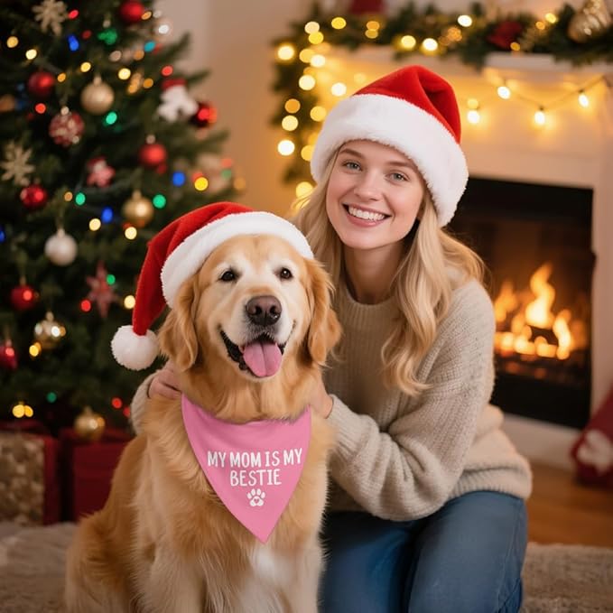 My Mom is My Bestie Pink Dog Bandana, Funny Pet Bandana Adjustable Scarf Triangle, Photo Prop Accessory Decor for Mom's Day, Thanksgiving Gifts for Puppy Mom Petlover Aunty Sister