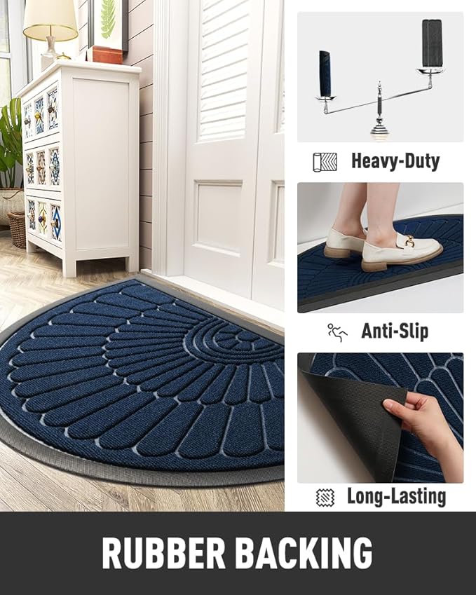 tchdio Semicircular Durable Rubber Doormat- Non Slip Front Door Mat for Outside Inside Entry, Navy Blue 24”x36”