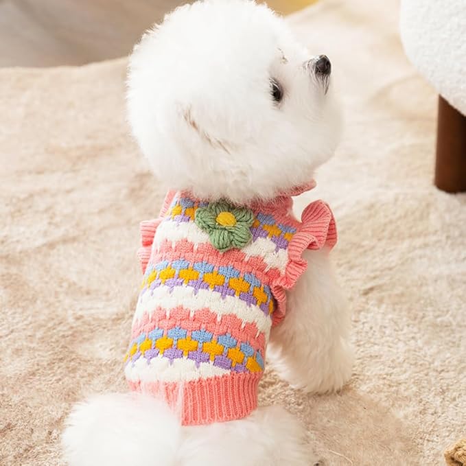 Small Dog Sweater, Knitted Tulip Cat Sweater, Warm Thick Holiday Puppy Clothes for Small Dog Girl,Cold Weather Outfit for Kitten Chihuahua Yorkie Teacup Dachshund Pug (Pink, X-Small)