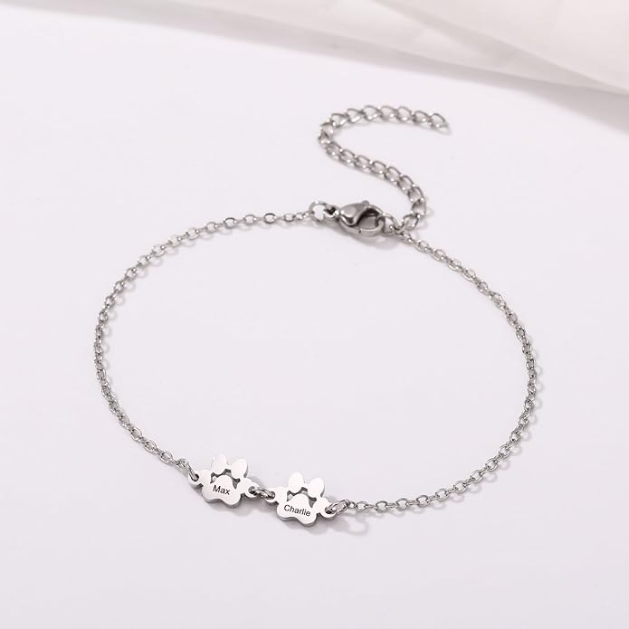 MeMeDIY Personalized Paw Print Bracelet for Women Engraved 1-5 Names Dog Cat Pet Paw Bracelet Adjustable Chain Dog Jewelry Memorial Gifts for Pet Lovers