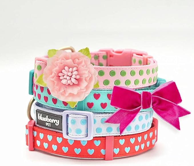 Blueberry Pet Dog Collar - Adjustable Flocking Puppy Collar with Silk Flower, Polka Dot in Pastel Purple, Medium 14.5"-20" - Pink Dog Collars for Small Dogs, Girl Dog Collars