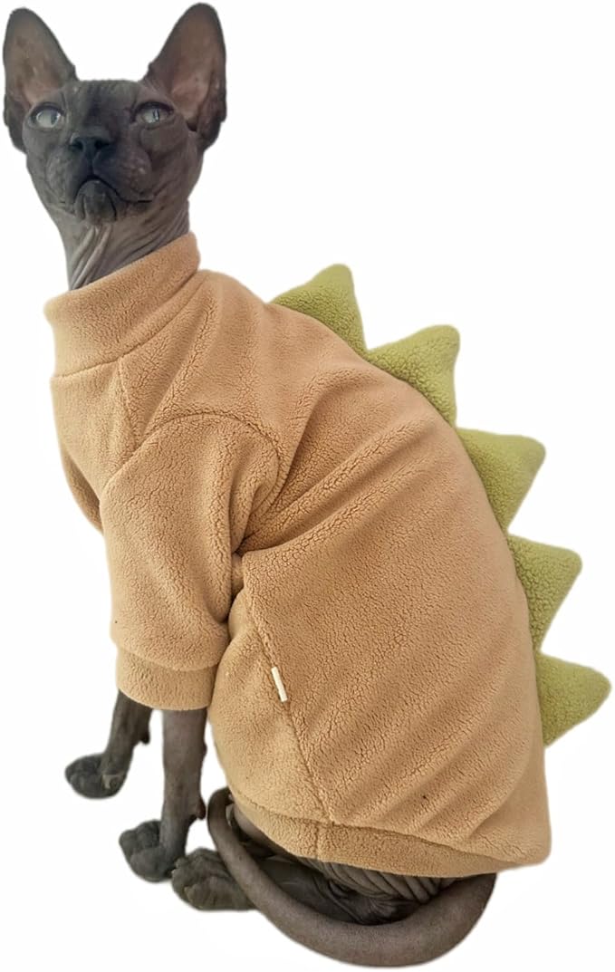 Dinosaur Sphynx Cat Clothes, Soft Polar Fleece Sweater for Cat, Elastic Pet Clothes Thick Winter Warm Outfit for Hairless Cat, Devon, Cornish, Small Dogs Apparel with Sleeves (Khaki, Medium)