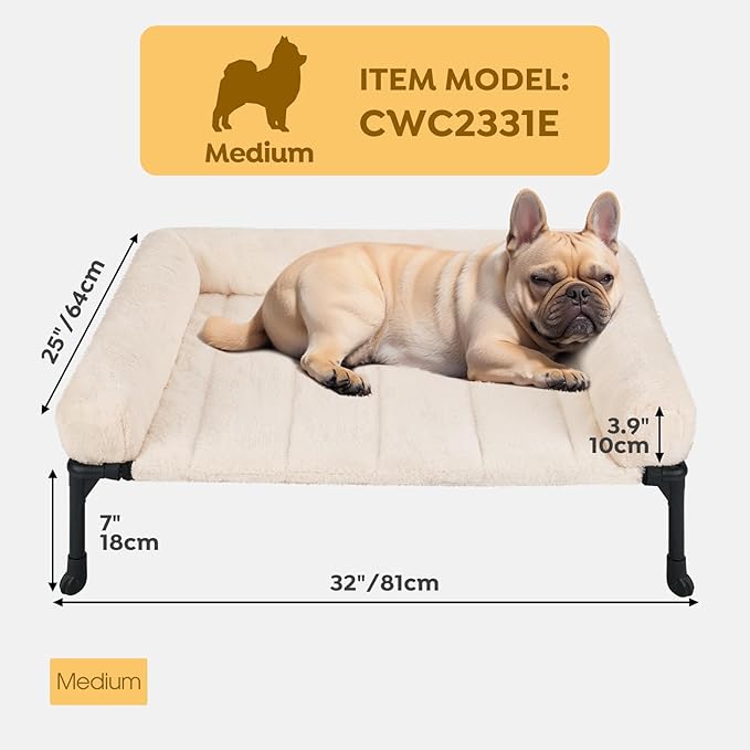 Veehoo Orthopedic Elevated Dog Bed + Removable Fluffy Pillow-Top Mat, Plush Dog Bed with Bolster, Breathable Mesh, No-Slip Feet, Portable Raised Dog Bed for Indoor & Outdoor, 32"x25", Medium, CWC2331E