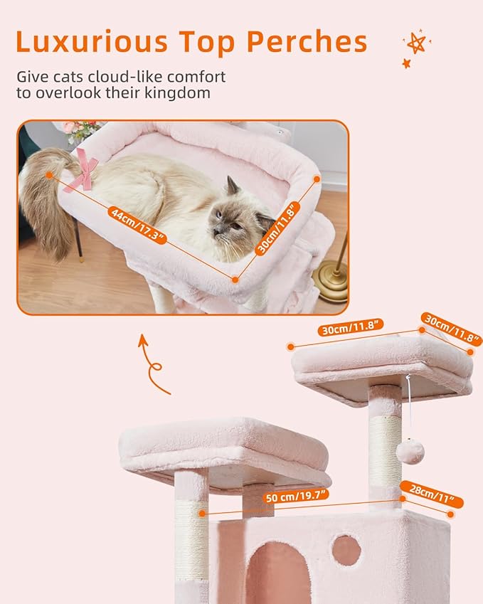 Taoqimiao Cat Tree 71-Inch, Cat Tower for Indoor Cats Large Adult, Multi-Level Large Cat Condo, 8 Sisal Scratching Posts, Metal Frame Cozy Hammock, Scratch Board, 2 Top Perches, Jelly Pink MS026LP