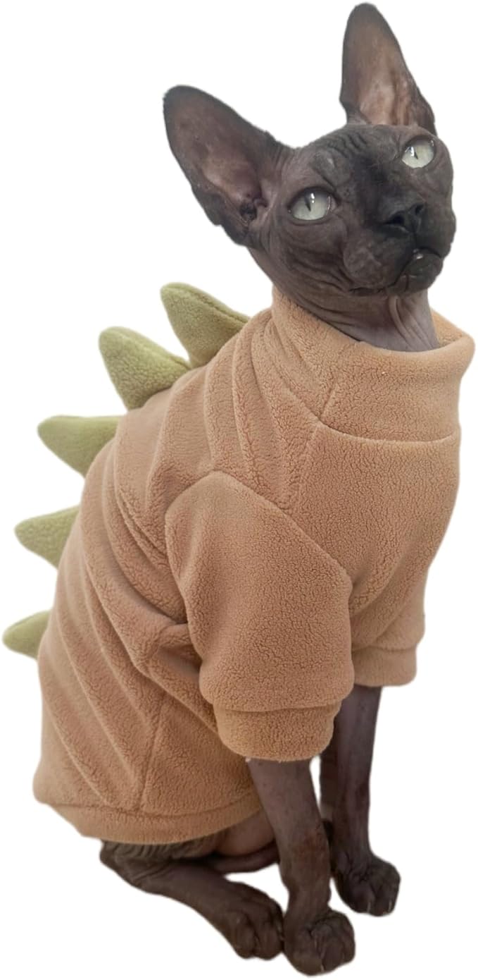 Dinosaur Sphynx Cat Clothes, Soft Polar Fleece Sweater for Cat, Elastic Pet Clothes Thick Winter Warm Outfit for Hairless Cat, Devon, Cornish, Small Dogs Apparel with Sleeves (Khaki, X-Large)