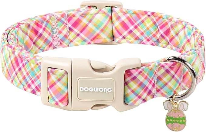 DOGWONG Easter Dog Collar, Cute Easter Colorful Plaid Pet Collar Durable Holiday Girl Boy Adjustable Cotton Dog Collars for Puppy Small Medium Dogs,M Visit The Elegant Little Tail Store