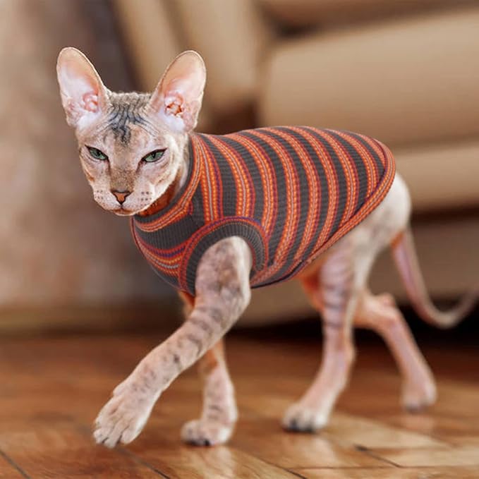 BRKURLEG Sphynx Hairless Cats Shirt Puppy Clothes Soft Cotton T-Shirts Cute Cats Pajamas Cat Stripes Vest Pet Sweater, Round Collar Vest Kitten Shirts(Red Stripes, XL)