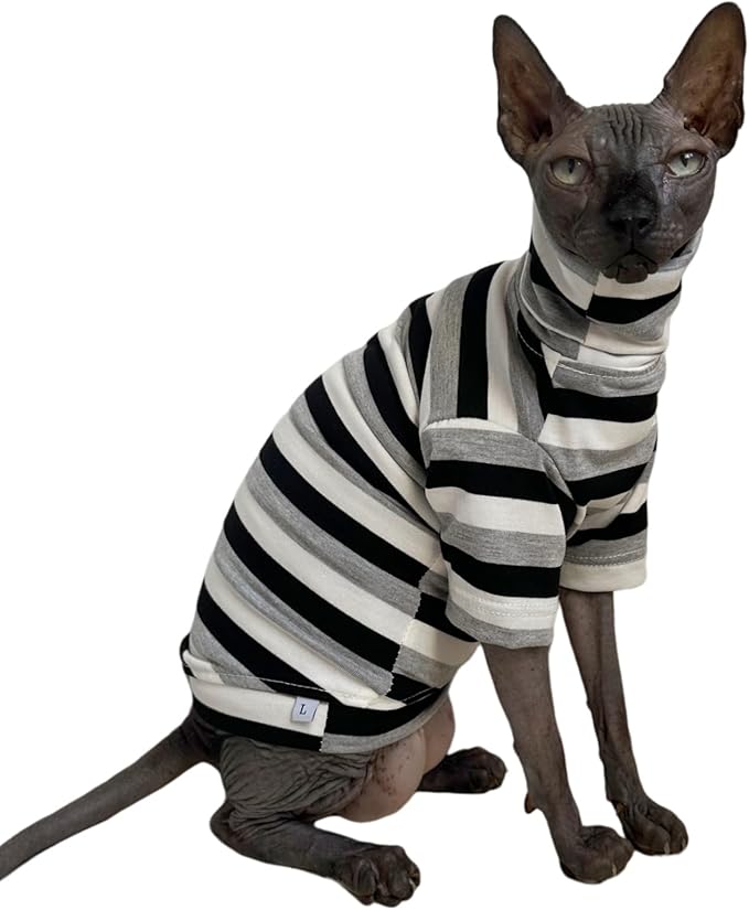 Vintage Stripes Sphynx Hairless Cats Shirt Cotton Cat Turtleneck Pet Clothes Kitten T-Shirts with Sleeves for Sphynx Cats (Black Grey White, XX-Large)