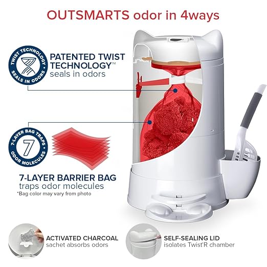 Red Rocket XL Cat Litter Pail Multi Kitty Twist’R Step Litter Disposal System with Cute Litter Scoop Step Mode Odors Free Patented Twist Technology (Kitty, Hold 17lbs Litter)