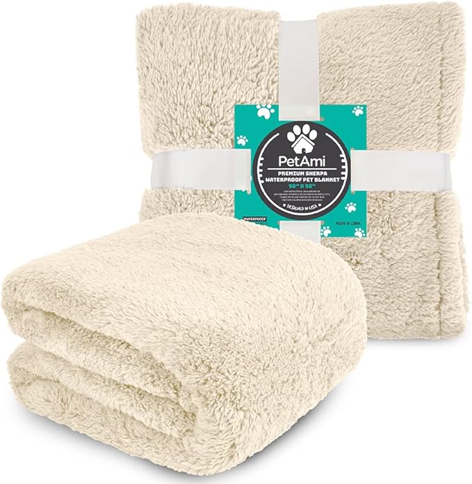 PetAmi Fluffy Waterproof Dog Blanket for Bed Large Dogs, Soft Warm Pet Sherpa Throw Pee Proof Couch Cover, Reversible Cat Blanket Sofa Crate Kennel Protector, Washable Mat Queen (Beige Cream, 90x90)