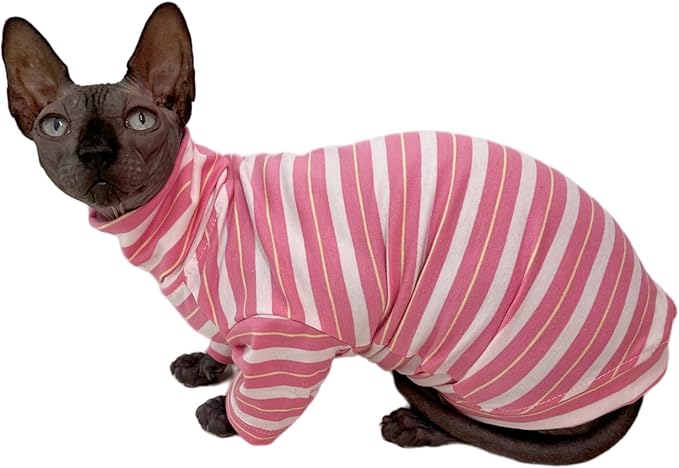 Vintage Stripes Sphynx Hairless Cats Shirt Cotton Cat Turtleneck Pet Clothes Kitten T-Shirts with Sleeves for Sphynx Cats (Sakura, XX-Large)