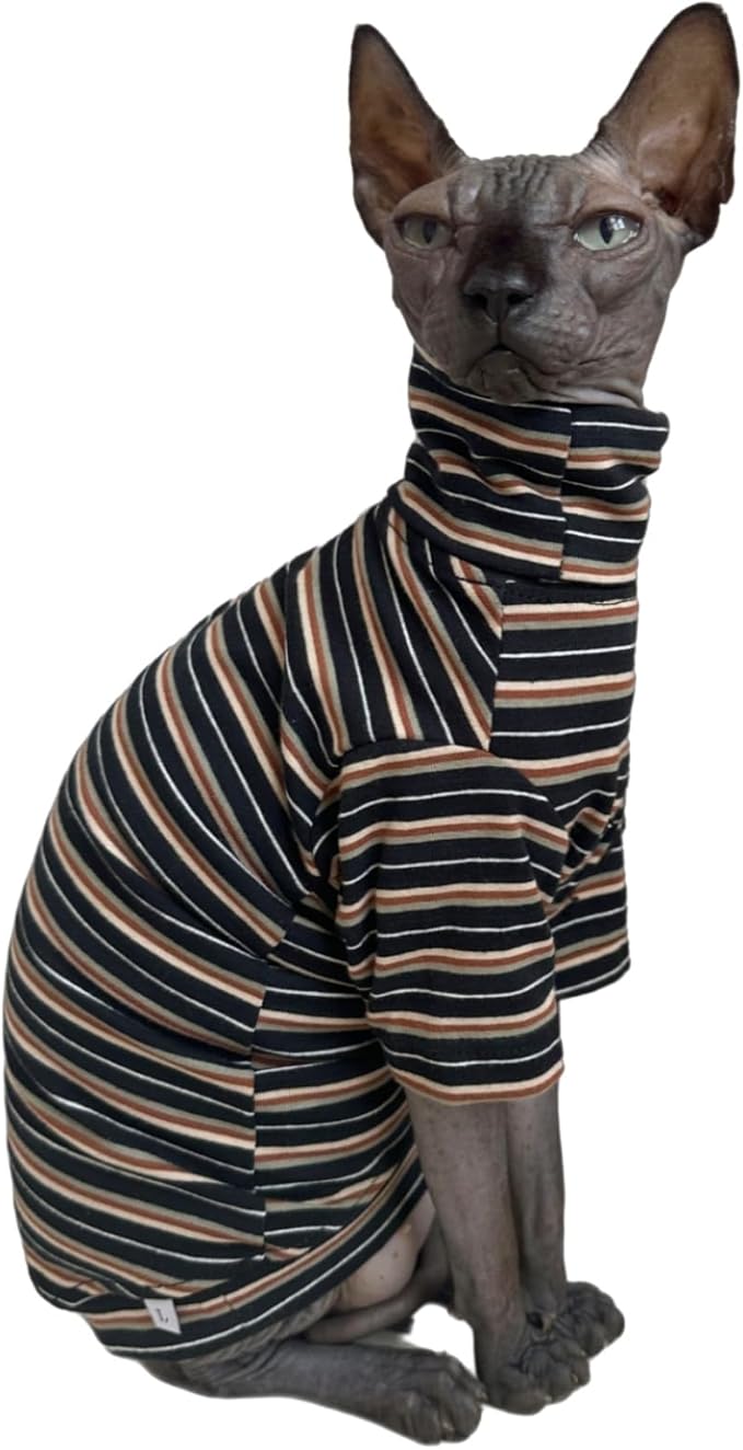 Vintage Stripes Sphynx Hairless Cats Shirt Cotton Cat Turtleneck Pet Clothes Kitten T-Shirts with Sleeves for Sphynx Cats (Vintage Black, Small)