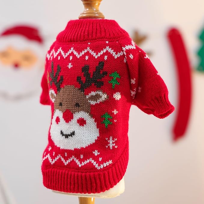 Christmas Dog Outfit Red Puppy Sweater for Small Dogs Girl Boy Elk Snowflake Cat Knitwear Reindeer Knitted Pet Clothes Santa Deer Costume for Chihuahua Yorkie Poodle (Red-2, Medium)