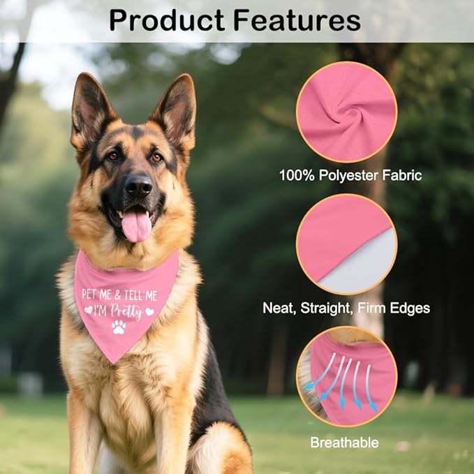 Pet Me & Tell Me I'm Pretty Pink Dog Bandana, Cute Adjustable Scarf for Pretty Puppy, Funny Photo Prop Accessories Decoration for Female Dog, for Puppy Owner Pet Lover