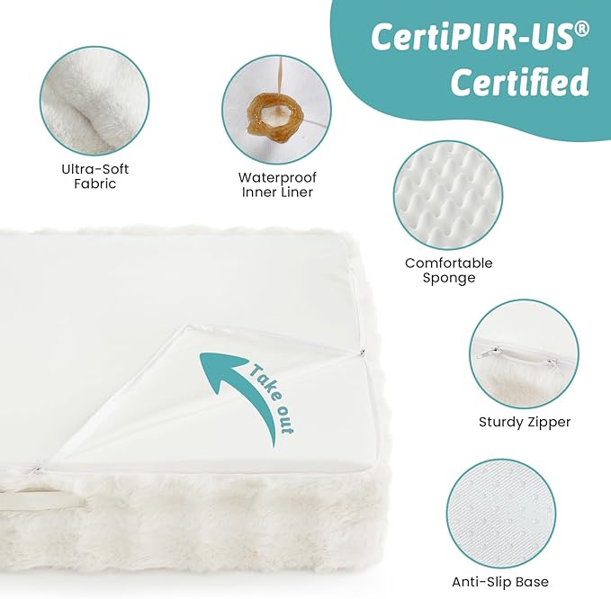 Faux Fur Orthopedic Dog Bed, Extra Large Dog Bed, Supportive Foam Pet Sofa with Waterproof Lining Cover, Washable U-Shaped Pet Couch with Anti-Slip Bottom Design, Beige XXL 48x32x8 inch