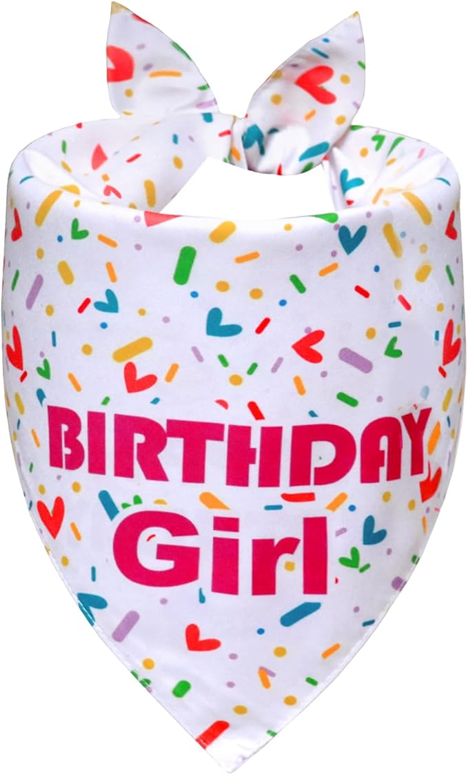 Dog Birthday Bandana Girl for Large to X-Large Dogs, Reversible 2 Patterns in 1, White & Pink Confetti Scarf, Puppy Party Outfit Gift (18-23" Neck)
