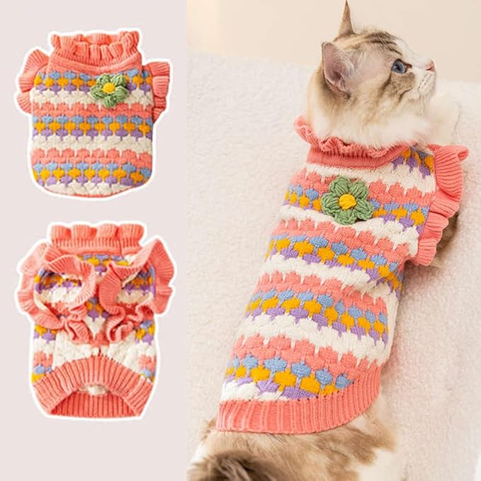 Small Dog Sweater, Knitted Tulip Cat Sweater, Warm Thick Holiday Puppy Clothes for Small Dog Girl,Cold Weather Outfit for Kitten Chihuahua Yorkie Teacup Dachshund Pug (Pink, X-Large)