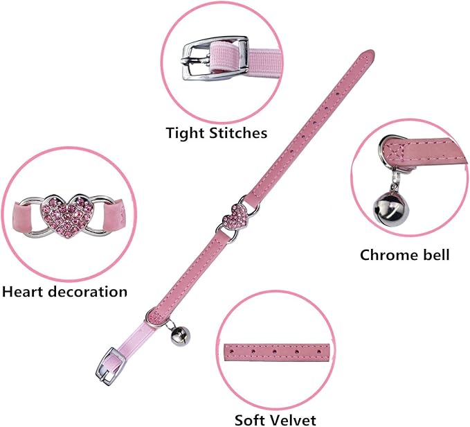 Heart Bling Cat Collar with Safety Belt and Bell Adjustable 8-10 inches for Kitten Cats (Pink)