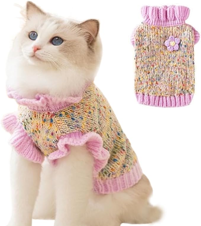 Purple Small Dog Sweater, Knitted Cat Sweater, Holiday Puppy Clothes for Little Dog Girl, Cold Weather Outfit for Kitten Chihuahua Yorkie Teacup Dachshund Pug (Purple, Large)