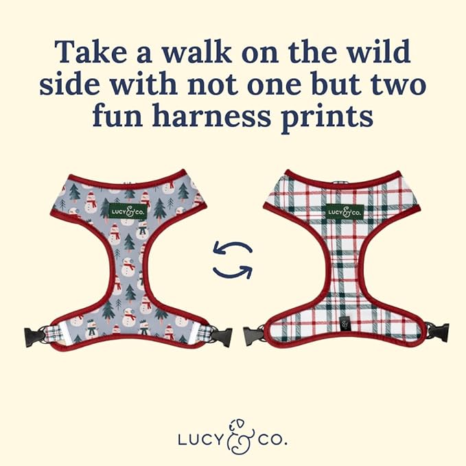 Lucy & Co. Cute Reversible Dog Harness Walking Halter - Best Designer Pet Harnesses for XS - XL Dogs - Padded Adjustable Vest for Easy Walking-X-Small-Gray & White Snowman