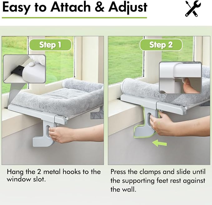 Cat Window Sill Perch with Large Bolster, Easy to Adjust & Assemble Cat Window Seat for Windowsill & Bedside, Pet Hammock Bed for Large Cats and Kittens (Grey, L)