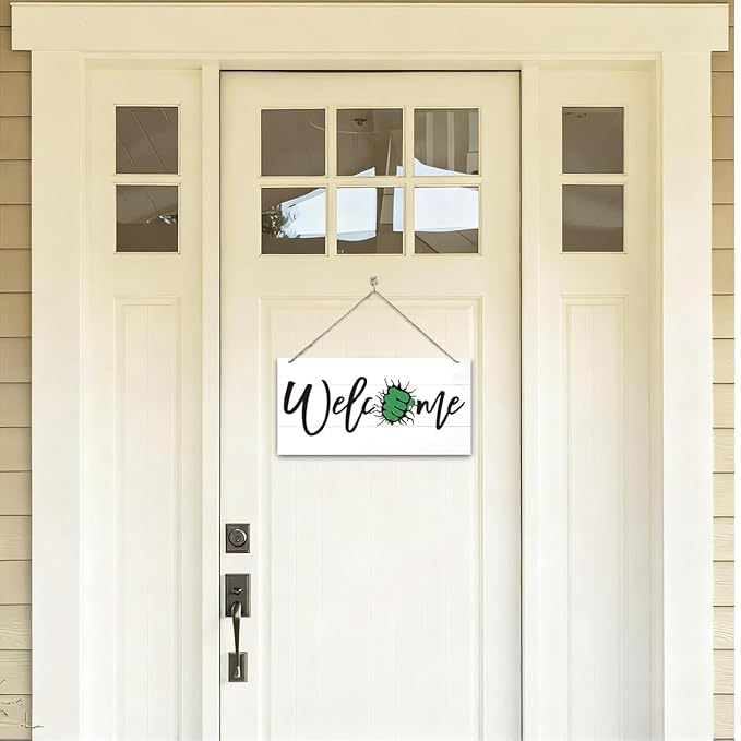 Welcome Sign for Front Door, Welcome Decor Wooden Hanging Sign for Wall Decor, Fist pattern Wall Hanging Signs, Funny Wooden Outdoor Front Door Decoration 13.8X6.9 inches