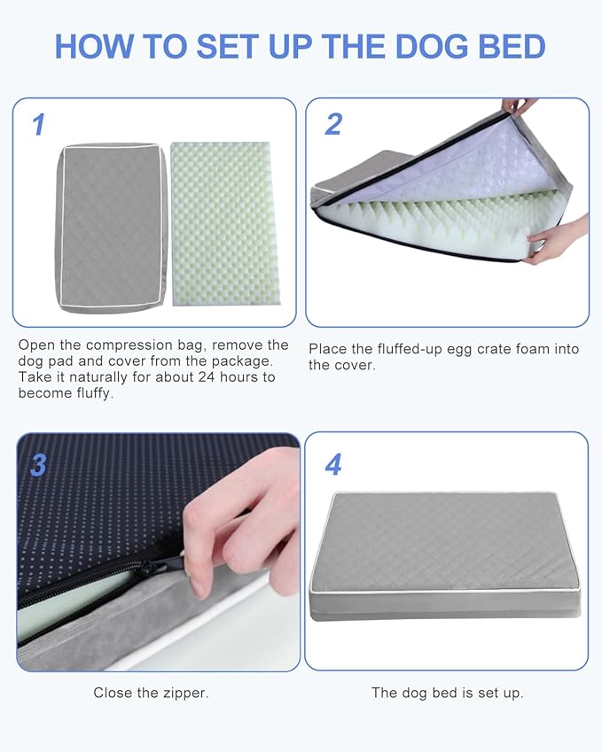 KSIIA Orthopedic Dog Bed for Small Dogs with Removable Machine Washable Cover Waterproof Crate Pad with Egg Crate Foam and Non-Slip Bottom, 23x17 Inch, Light Gray