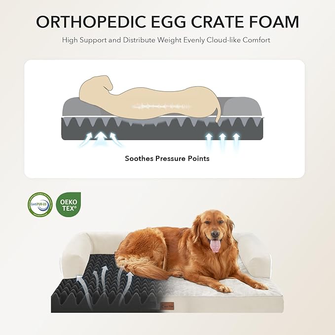 Orthopedic Dog Beds for Large Sized Dogs, Waterproof Egg Crate Foam Large Dog Couch Beds with Comfy Bolster 36x27Inch, Washable Pet Beds with Removable Cover and Nonskid Bottom, Beige