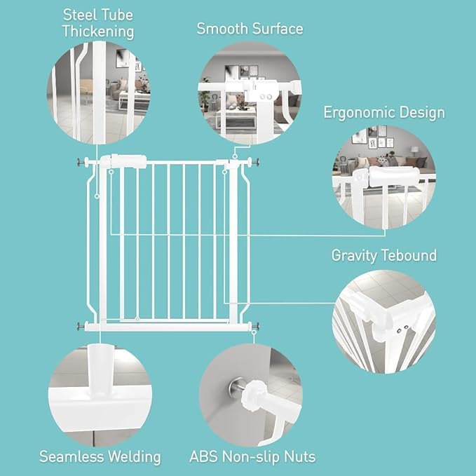 WAOWAO Baby Gate 29.13-33.82" Extra Wide Pressure Mounted Walk Through Swing Auto Close Safety White Metal Toddler Kids Child Dog Pet Puppy for Stairs,Doorways,Kitchen