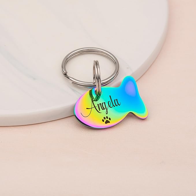Anavia Small Size Dog Cat ID Tags, Small/XS Personalized Color Plated Stainless Steel Puppy Kitten Name Tags, Customized Engraved Nameplate Pet Collar Tag (Black, Fish)