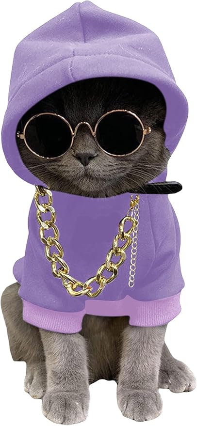 QWINEE 3Pcs Dog Hoodie Cat Apparel Dog Custume Set with Necklace and Sunglasses Pet Clothes for Puppy Small Medium Dogs Cats Mauve Purple X-Large