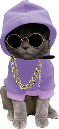 QWINEE 3Pcs Dog Hoodie Cat Apparel Dog Custume Set with Necklace and Sunglasses Pet Clothes for Puppy Small Medium Dogs Cats Mauve Purple Small